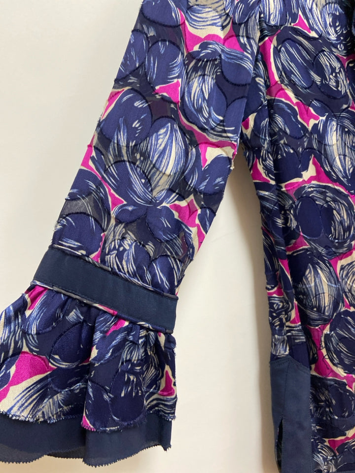 Tory Burch Size 8 Magenta Navy/Beige Circles Ladies Top