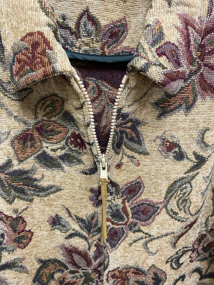 Size L Beige Burgundy/Green Tapestry Zip Down Ladies Jacket