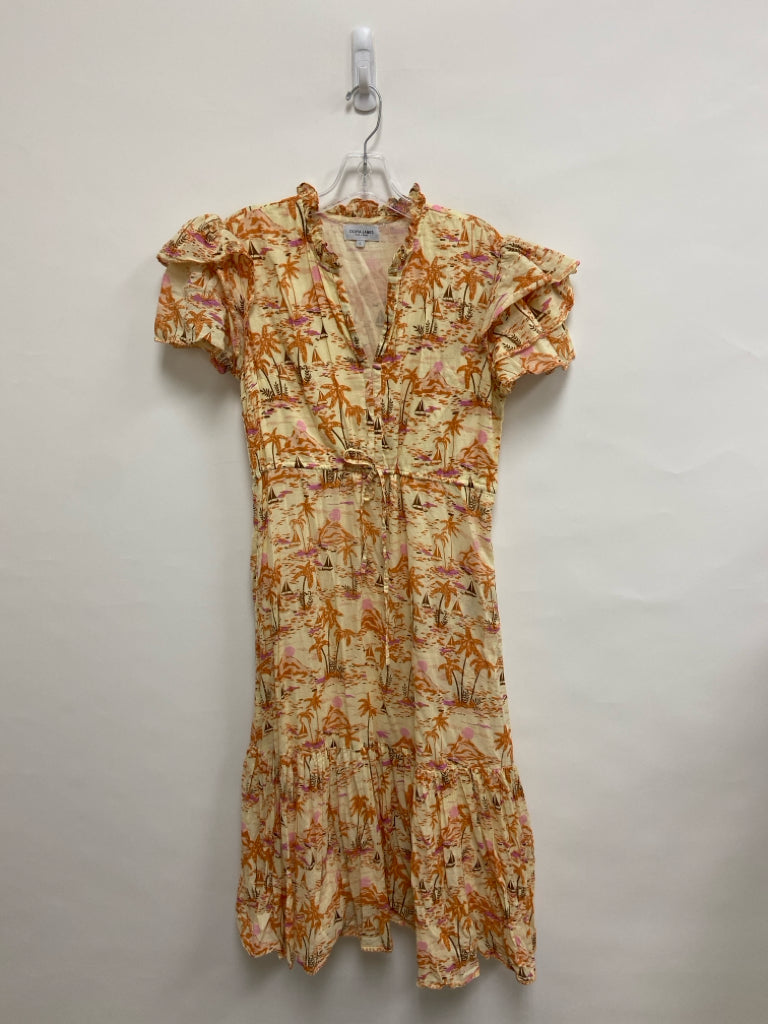 OLIVIA JAMES Size L Dusty Yellow Orange/Brown Tropical Short Sleeve Ladies Dress