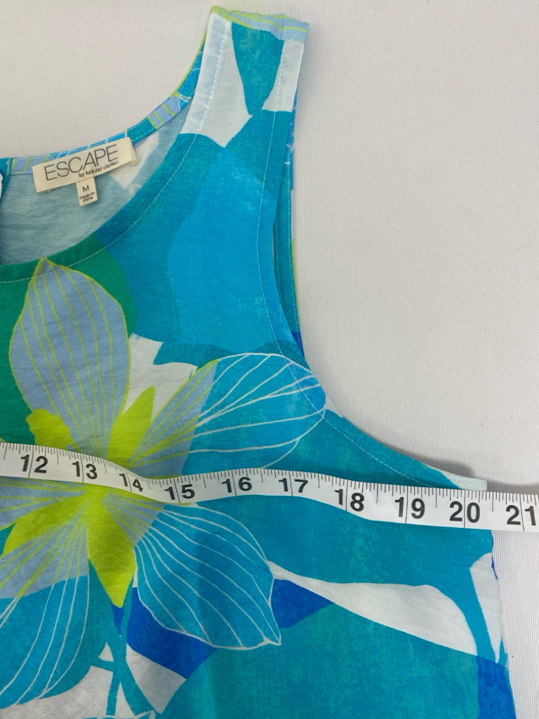 HabitaT Size M Aqua White/Green Flowers Sleeveless Ladies Top
