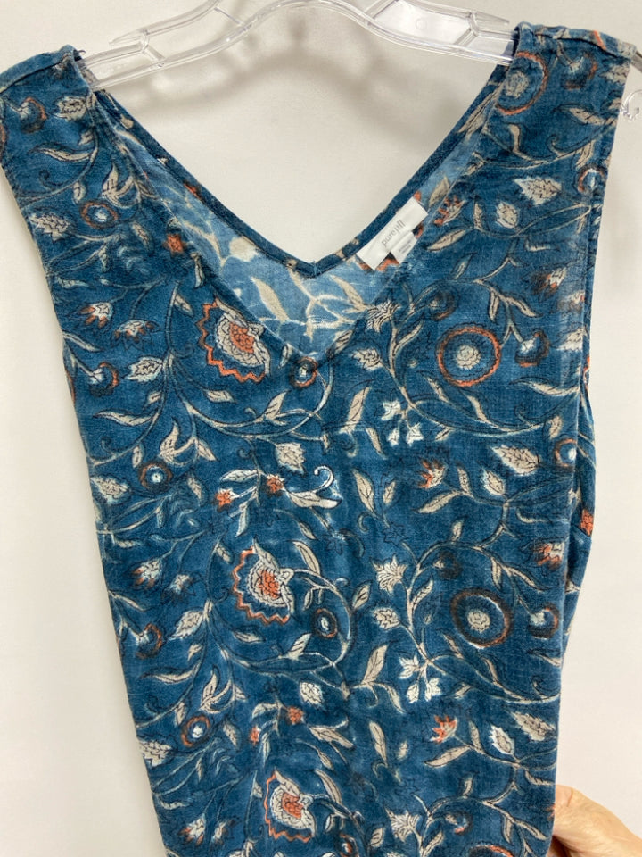 J Jill Size MP Dusty Blue Orange/Tan Flowers Sleeveless Petite Dress