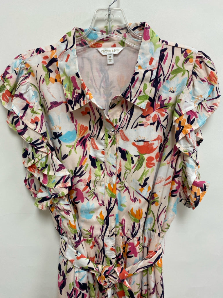 Crown &amp; Ivy Size XL Coral/White Navy/Green Floral Tiered Ladies Dress