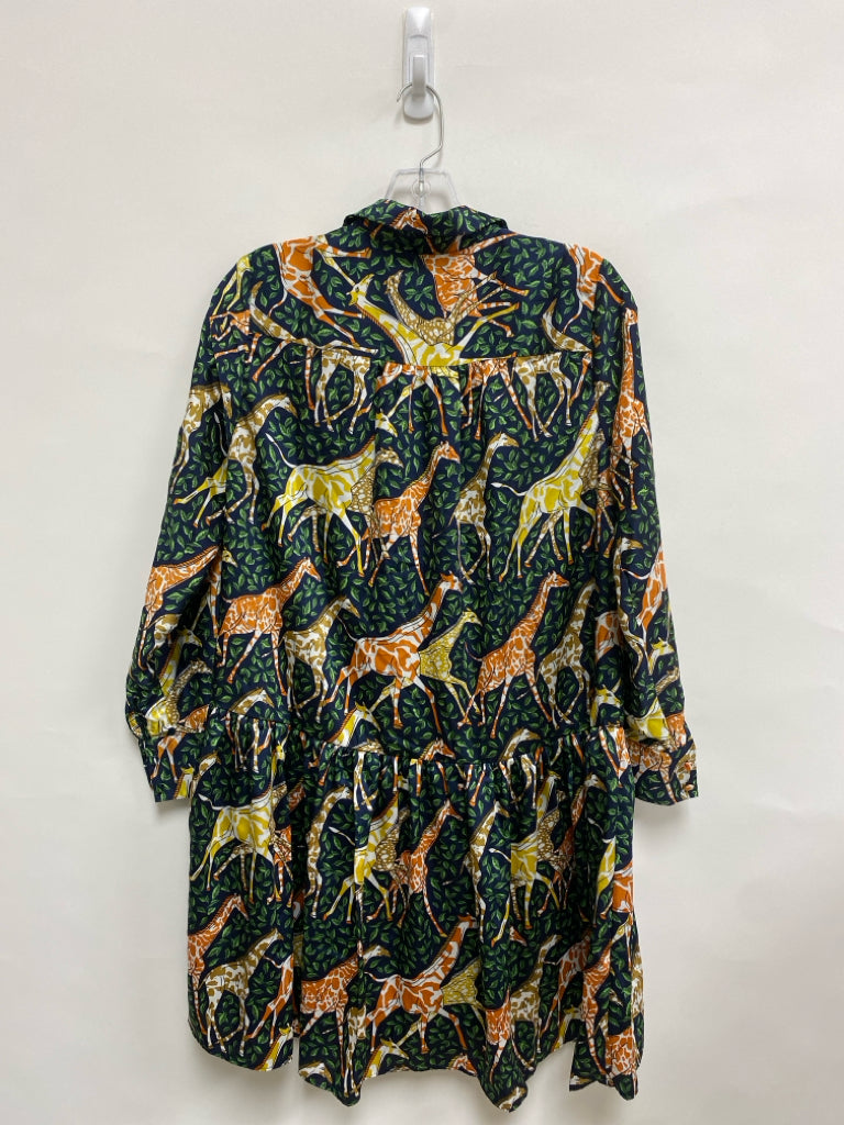 J Crew Size XS Navy/Green Orange/Yellow Giraffe Long Sleeve Ladies Dress