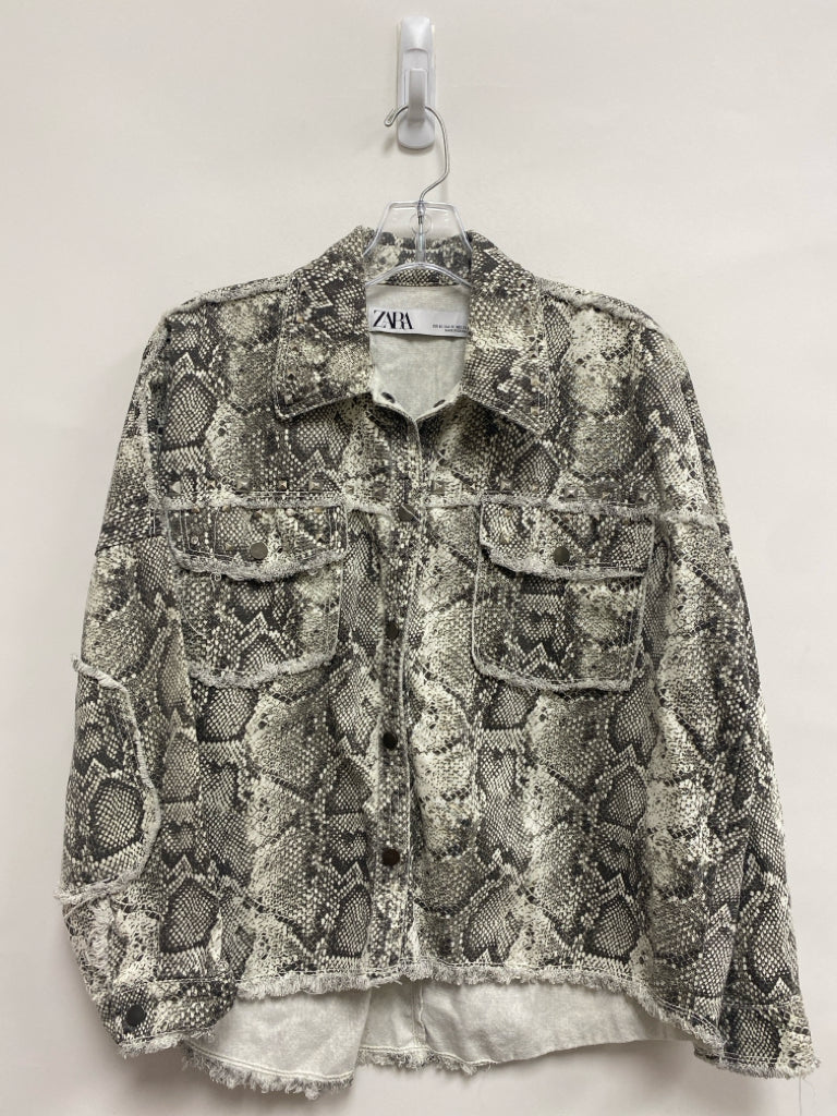 Zara Size XS Cream Charcoal Snake Print Denim Ladies Jacket