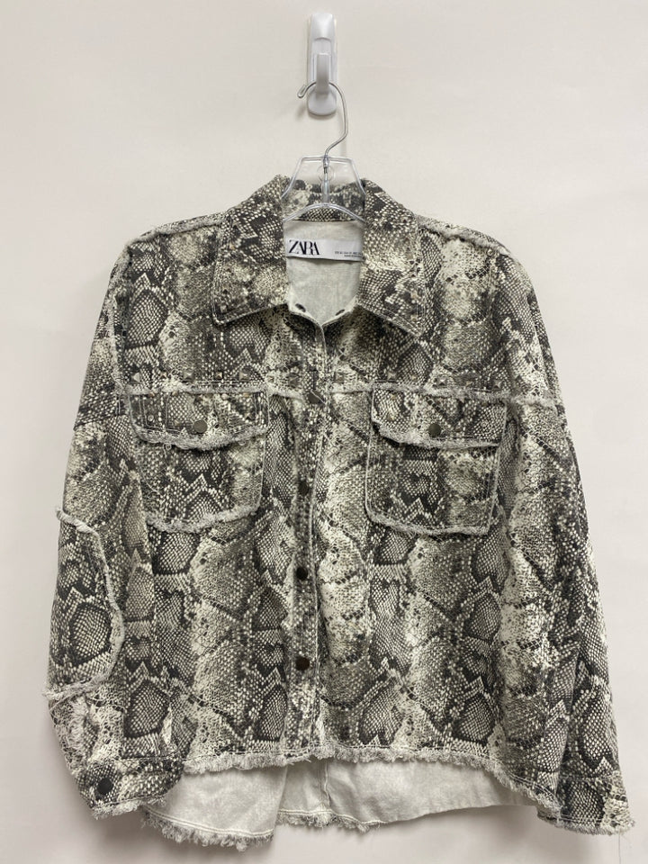 Zara Size XS Cream Charcoal Snake Print Denim Ladies Jacket