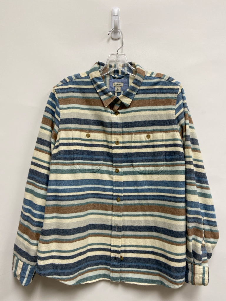 L L Bean Size L Cream Blue/Brown Striped Flannel Ladies Top