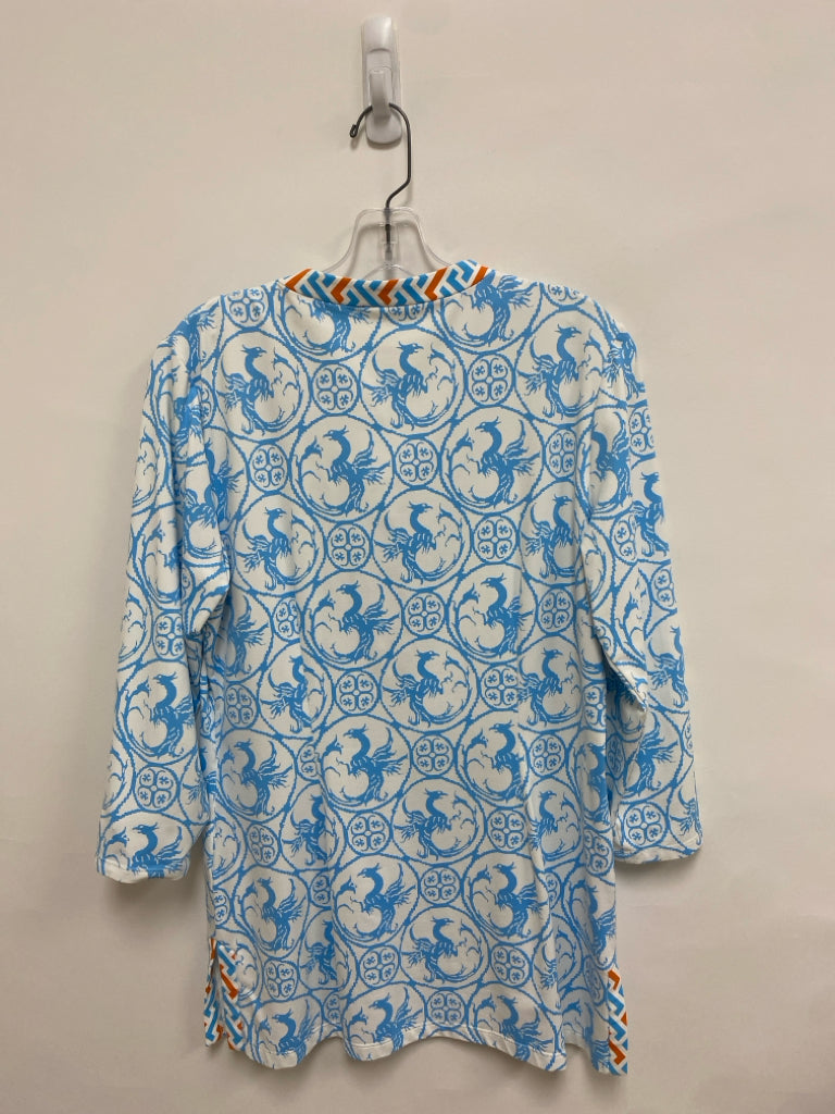 J McLaughlin Size M White/Orange Powder Blue Tunic Ladies Top