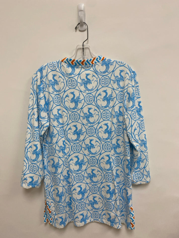 J McLaughlin Size M White/Orange Powder Blue Tunic Ladies Top