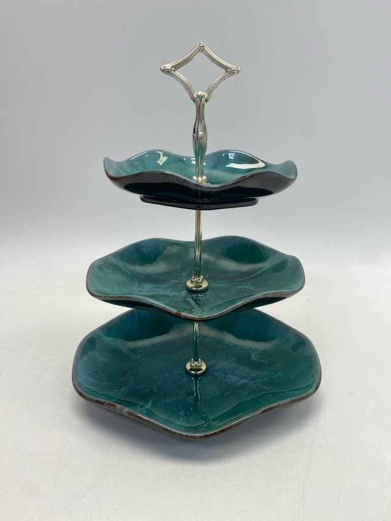 BLUE MOUNTAIN Teal Green Brown Pottery Serving Piece