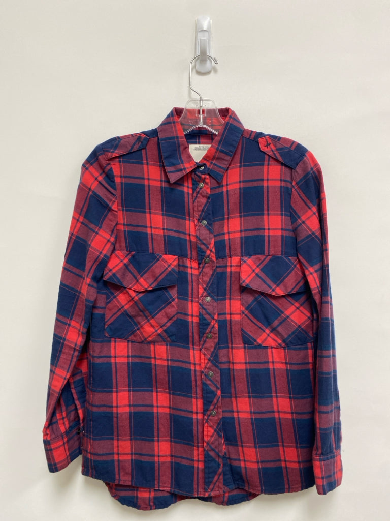 Zara Size XS Navy/Red Plaid Button Up Ladies Top