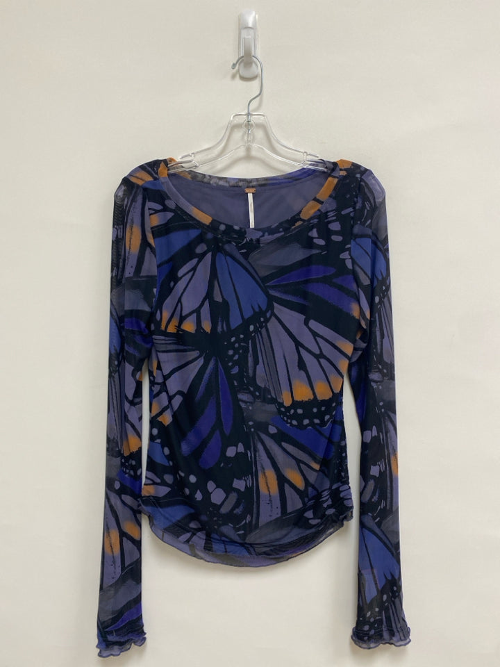 Free People Size L Black/Blue Terra Cotta Butterflies Sheer Ladies Top