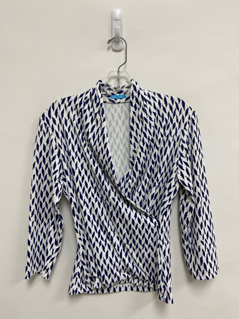 J McLaughlin Size S White Navy Print Long Sleeve Ladies Top