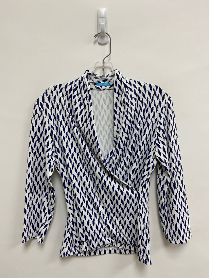 J McLaughlin Size S White Navy Print Long Sleeve Ladies Top