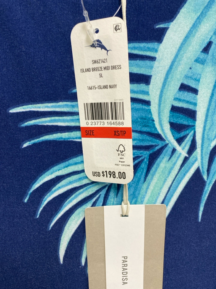 NWT Tommy Bahama Size XS Navy Aqua Leaves Maxi Ladies Dress