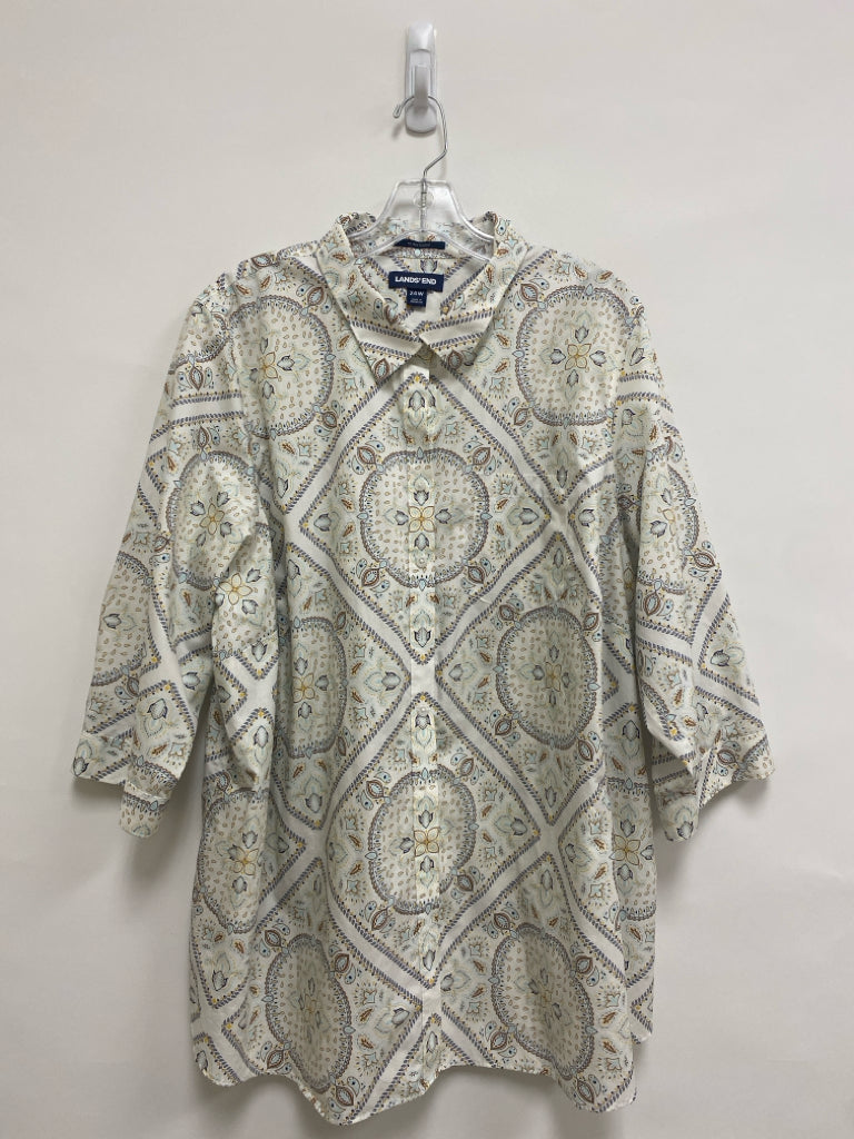 Lands End  SIZE  24W Cream/Navy Yellow/Brown Print Button Up Plus Size Top