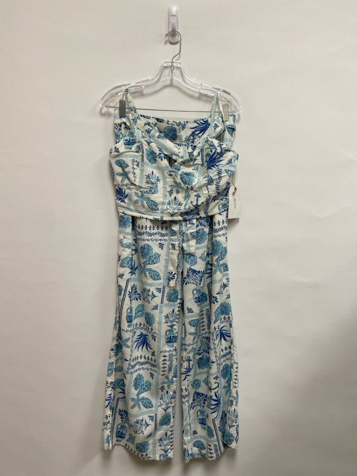NWT MIDNIGHT SKY Size L White Aqua/Blue Shells Linen Blend Ladies 2pc Pant Set
