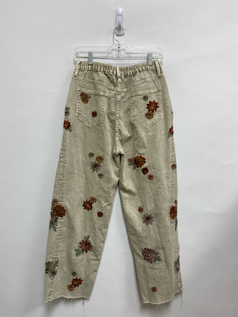 Oli &amp; Hali Size S Tan Purple/Green Flowers Embroidered Ladies Jeans