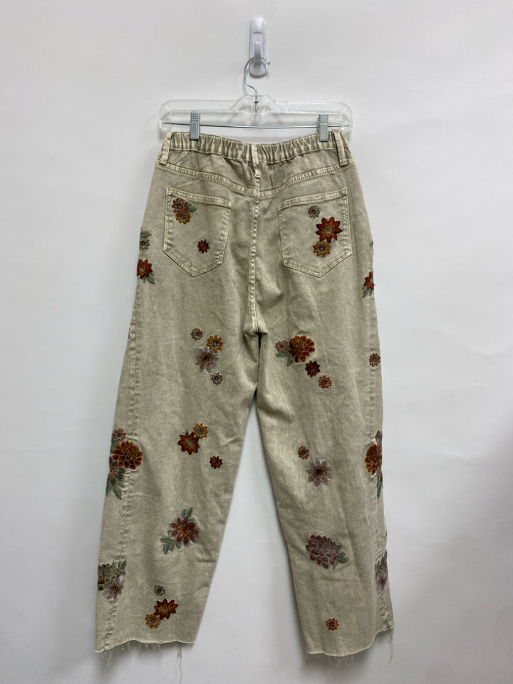 Oli &amp; Hali Size S Tan Purple/Green Flowers Embroidered Ladies Jeans