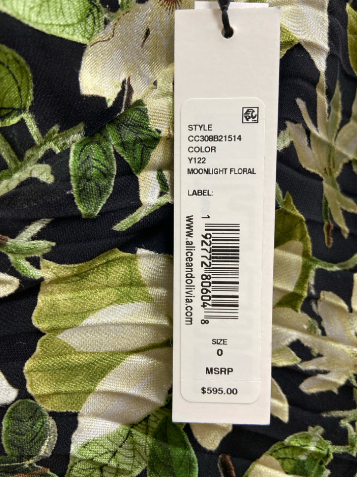 NWT Alice + Olivia Size 0 Black Green/Cream Flowers Sleeveless Ladies Dress