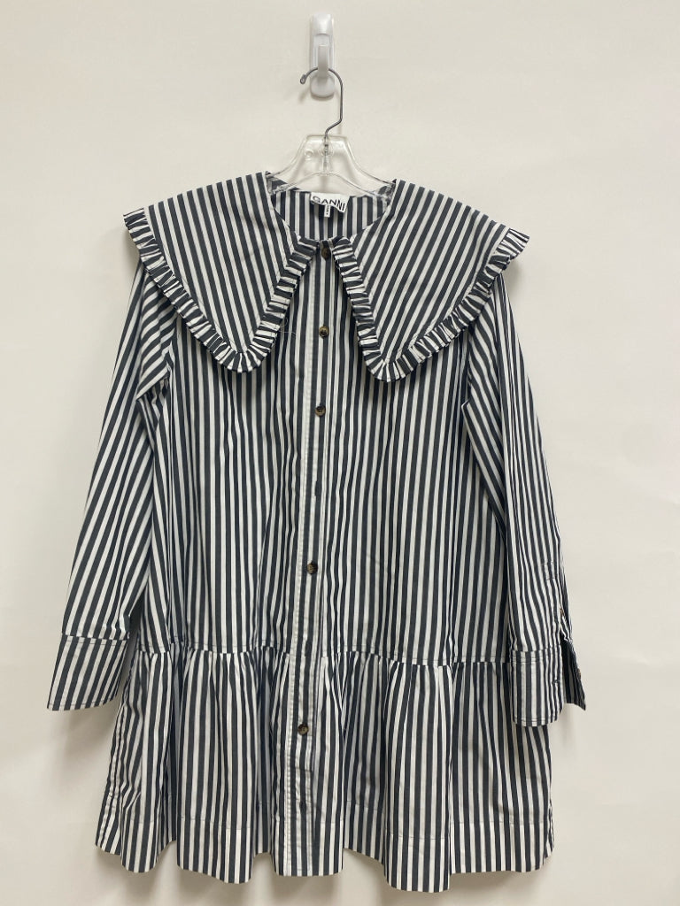 Ganni Size 8 Black/White Stripes Button Up Ladies Dress