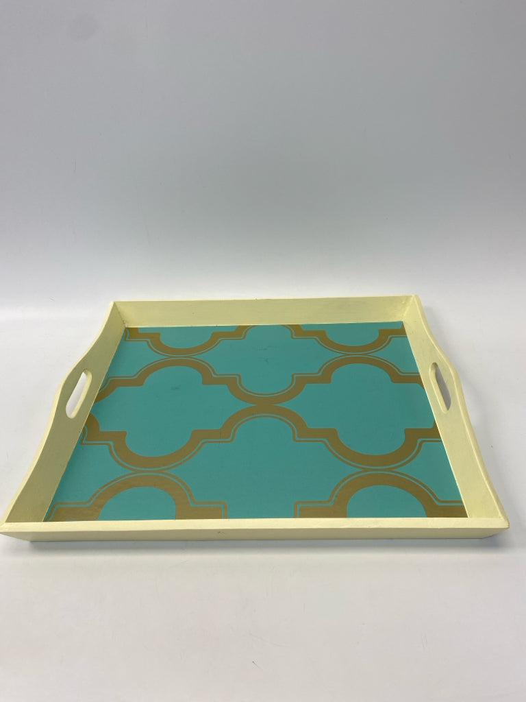 Turquoise Gold Quatrefoil Wood Tray