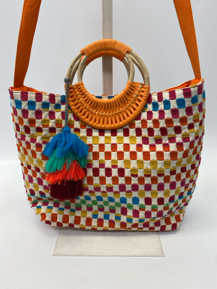 Orange Multi-Color Checkered Fabric Handbag