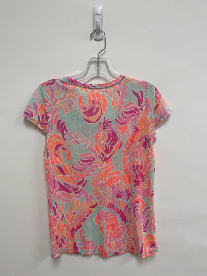 LILLY PULITZER Size S Aqua/Pink Neon Coral Flamingo Linen Blend Ladies Top