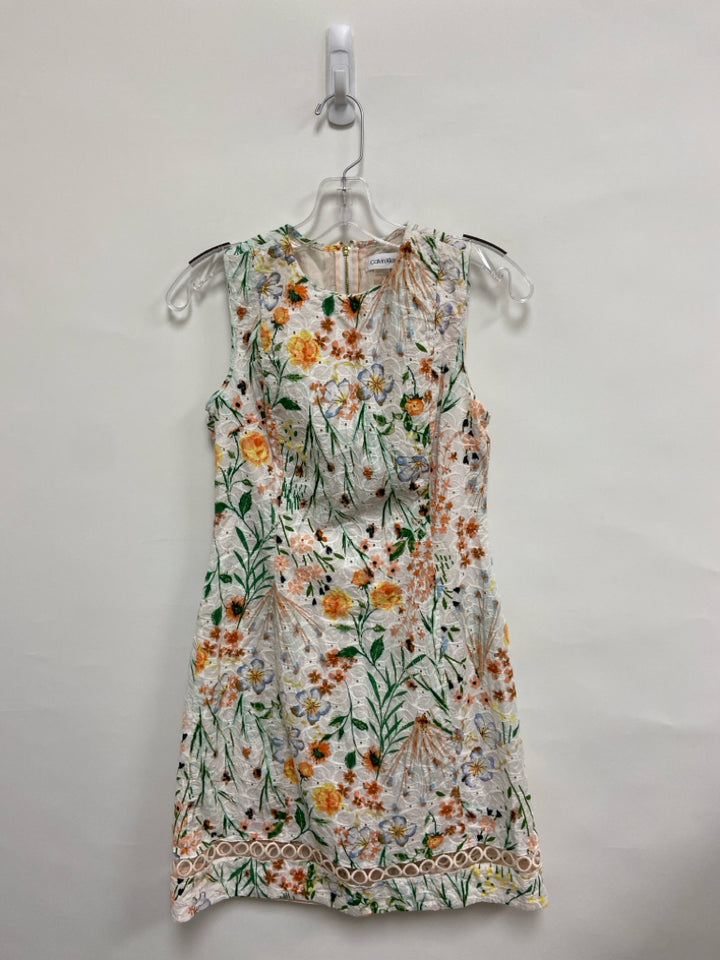 Calvin Klein Size 4 White Peach/Green Flowers Sleeveless Ladies Dress
