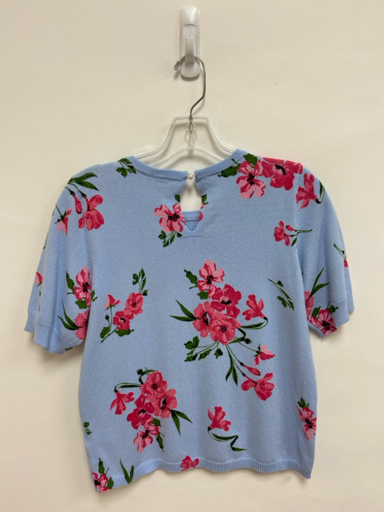 NWT CeCe Size XS Powder Blue Pink/Green Flowers Short Sleeve Ladies Sweater