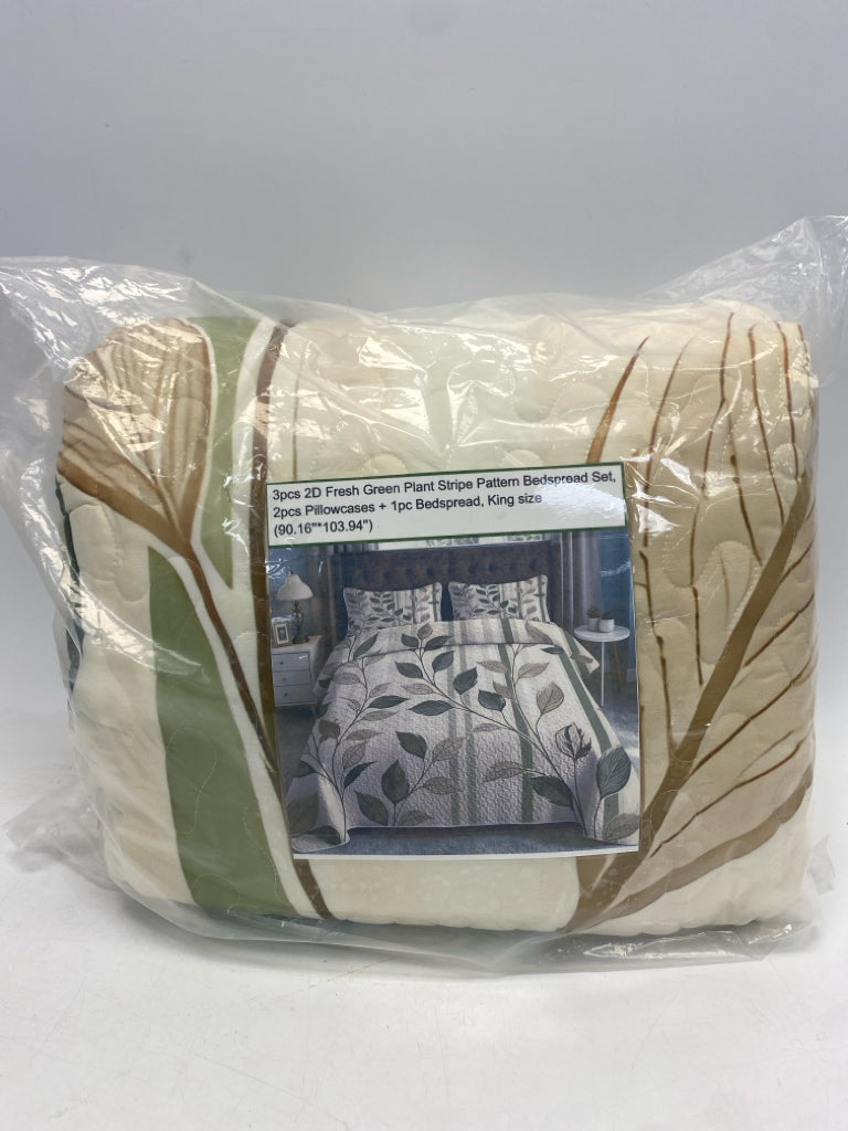 NEW/PKG Cream Tan/Green Leaves Bedspread