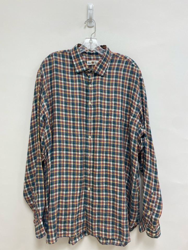 Alan Paine Size XL White/Green Red/Yellow Plaid Linen Men&