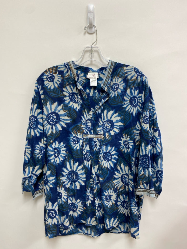 Size L Blue White/Brown Flowers Ladies Top