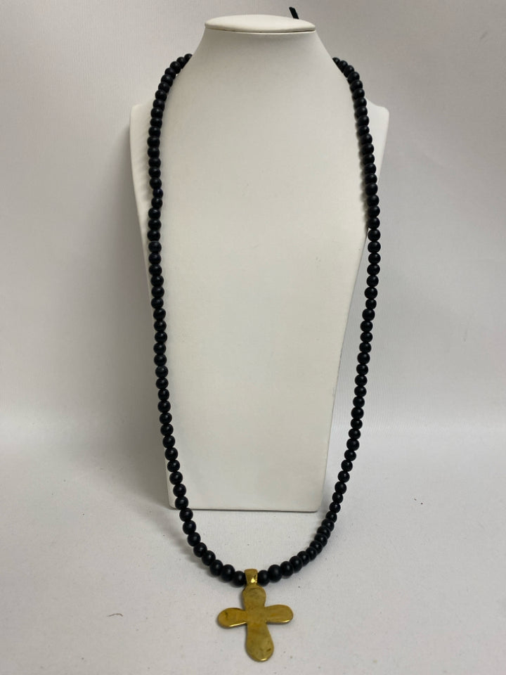 Boho Beads Black Gold Color Cross Necklace