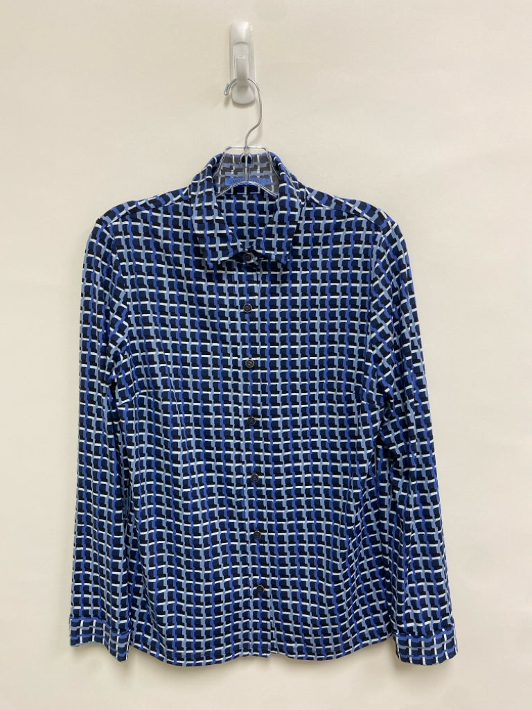 J McLaughlin Size M Blue Black/White Print Button Up Ladies Top