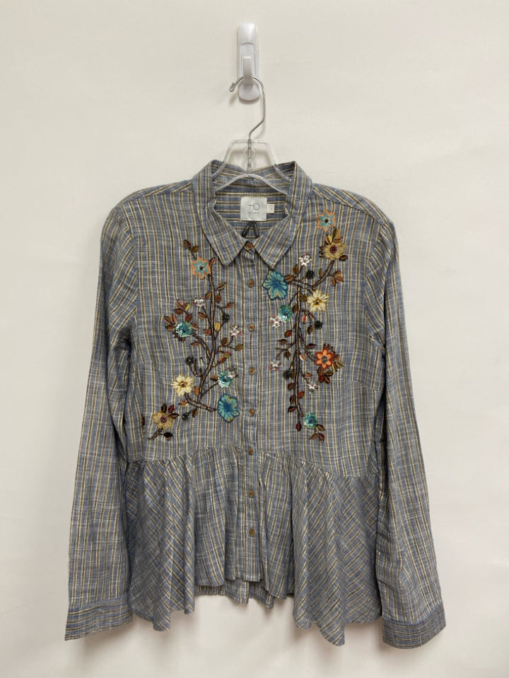 HD in Paris Size M Blue Gold Striped Beaded Ladies Top