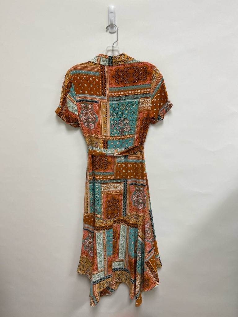 Nanette Lepore Size 2 Tan/Pink Aqua/Multi Assorted Print V Neck Ladies Dress