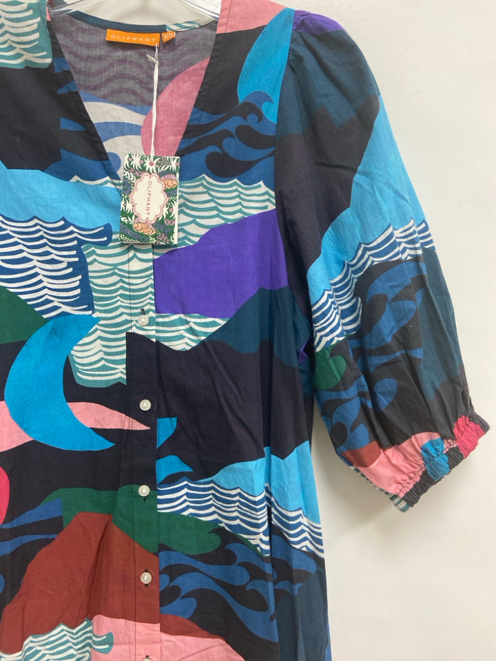 NWT Oliphant Size XS Teal Blue Blue/Multi Waves Maxi Ladies Dress
