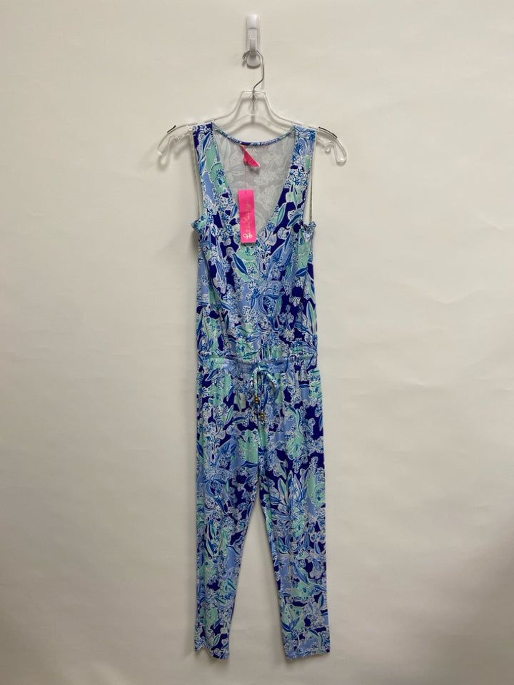 NWT LILLY PULITZER Size XS Aqua/White Navy/Blue Sleeveless Ladies Jumpsuit