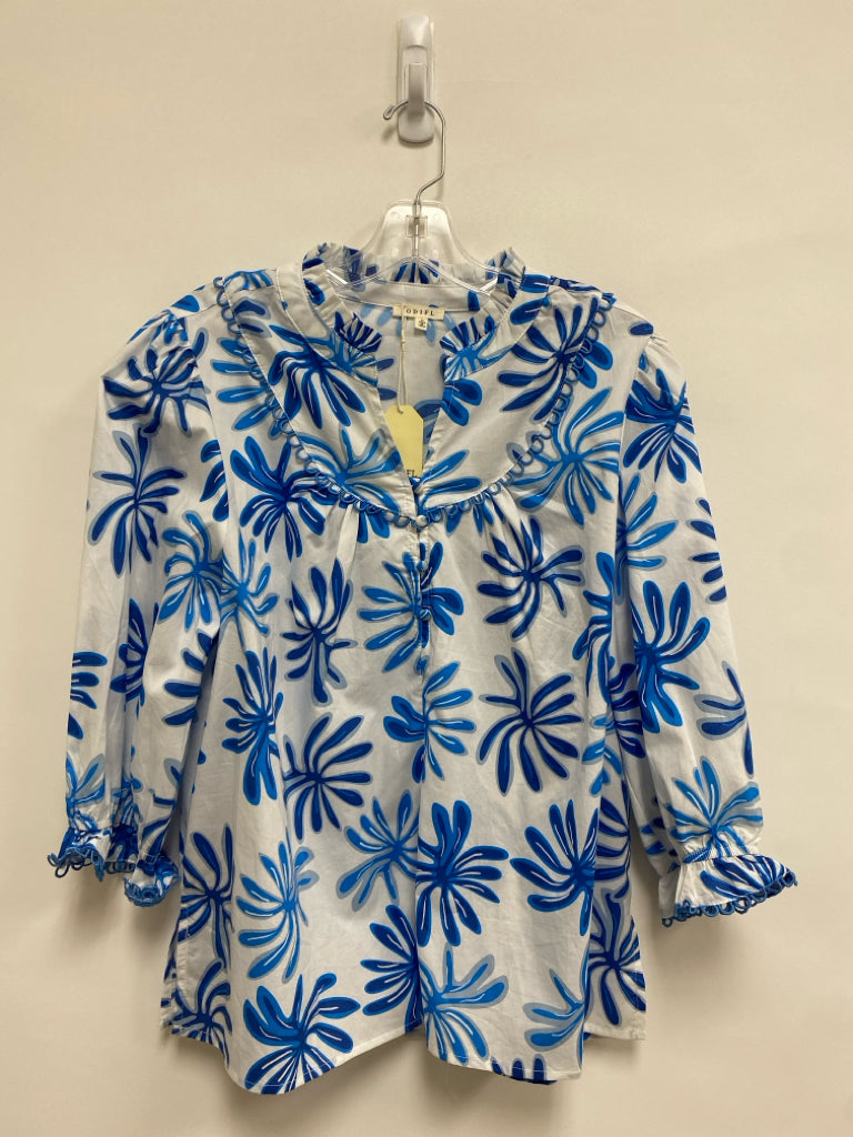 NWT Jodifl Size L White/Blue Gray Abstract Ladies Top