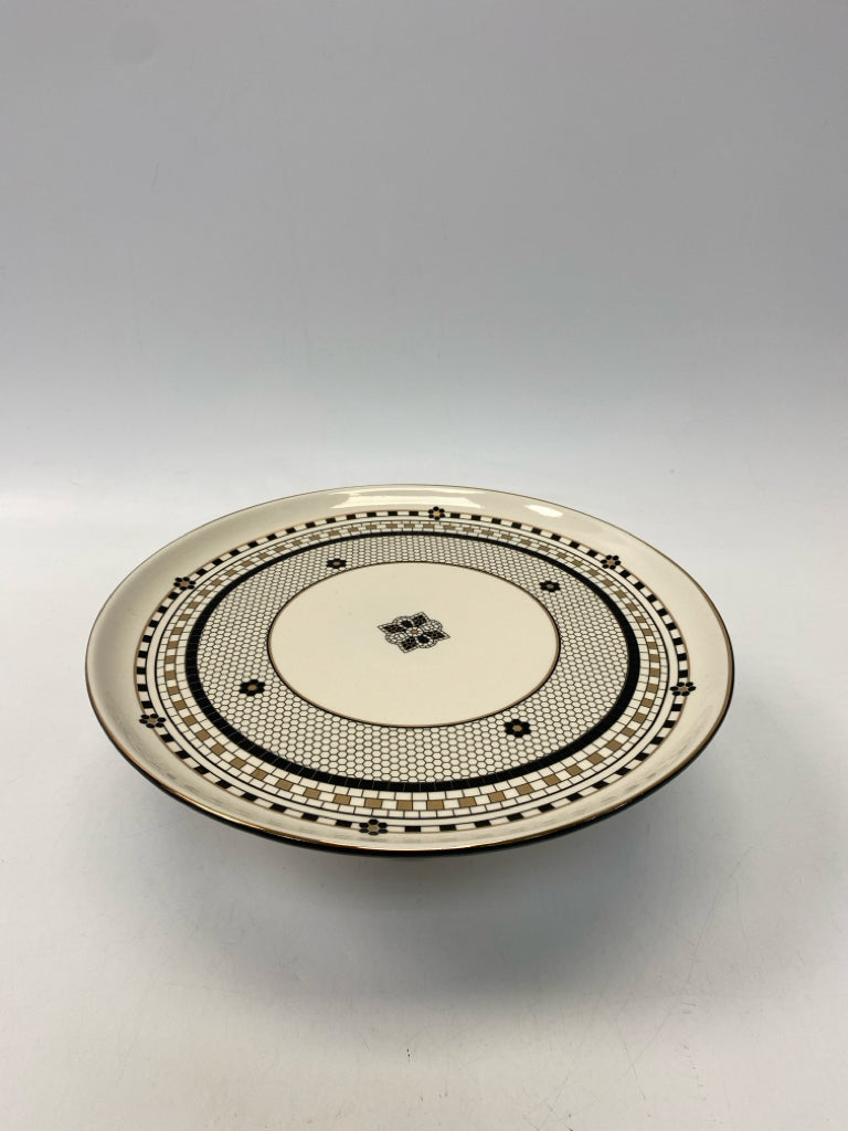 Anthropologie Cream Black/Gold Checkered Cake Plate/Stand