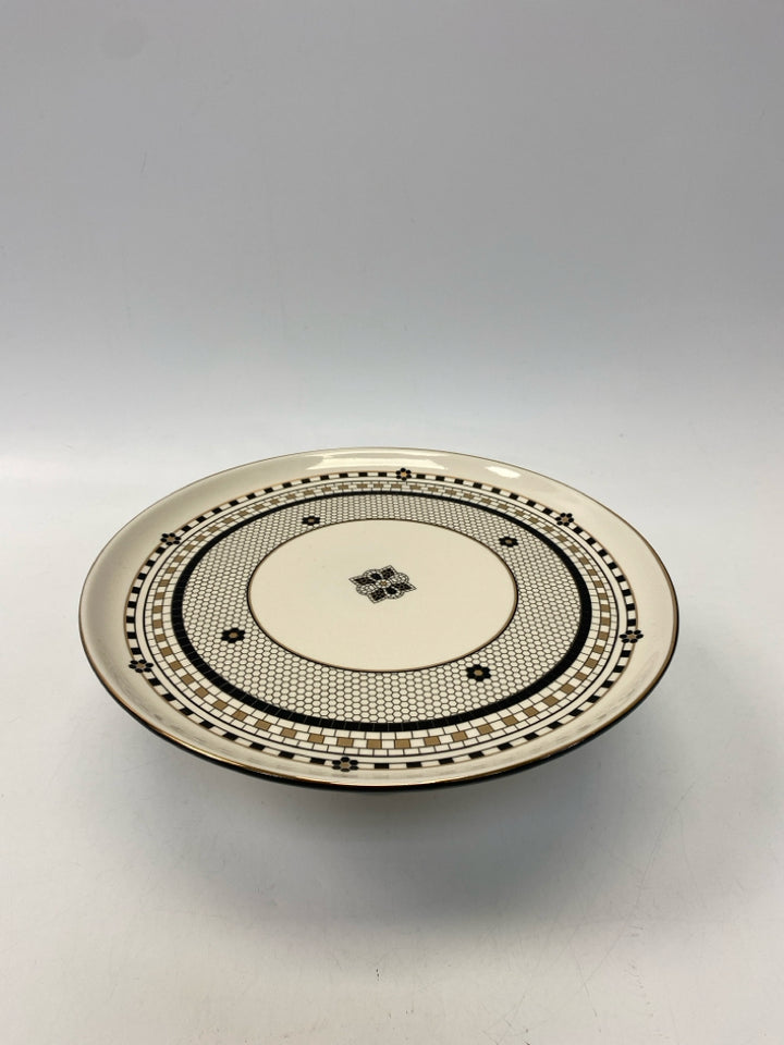 Anthropologie Cream Black/Gold Checkered Cake Plate/Stand