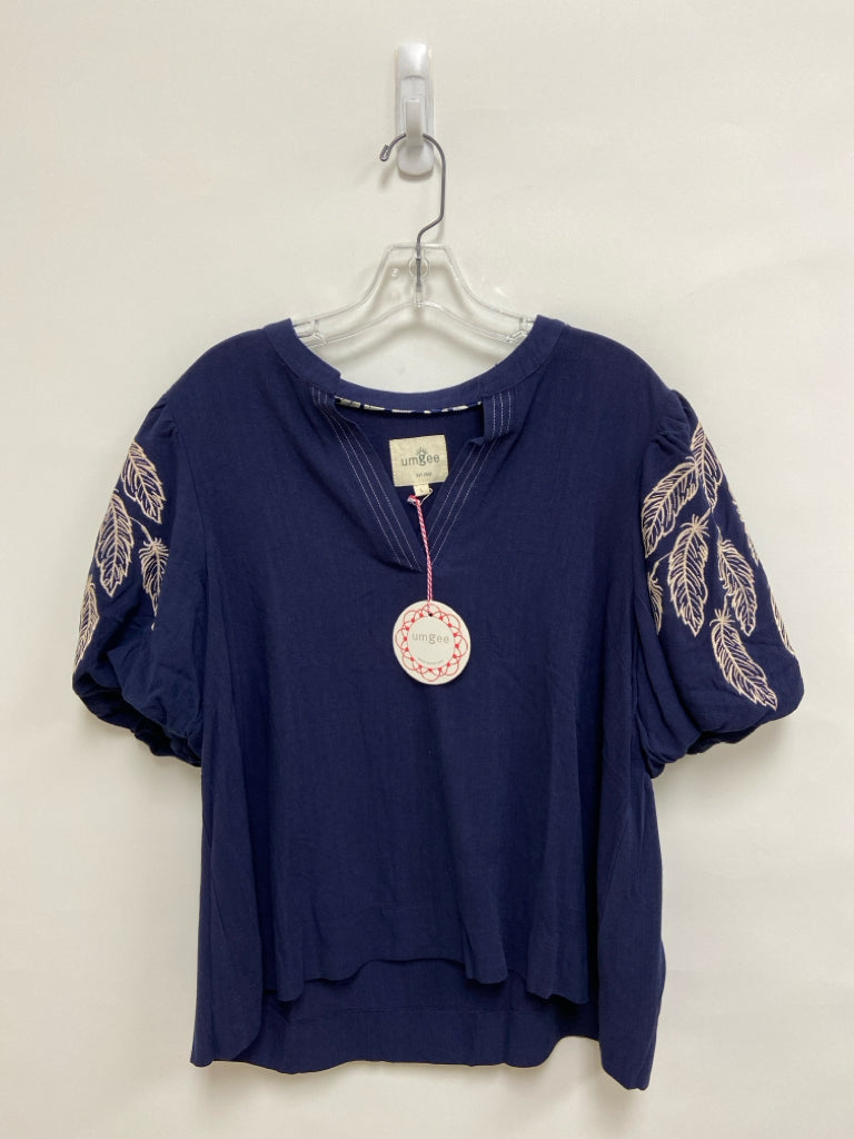 NWT Umgee Size L Navy Beige Feathers Linen Blend Ladies Top