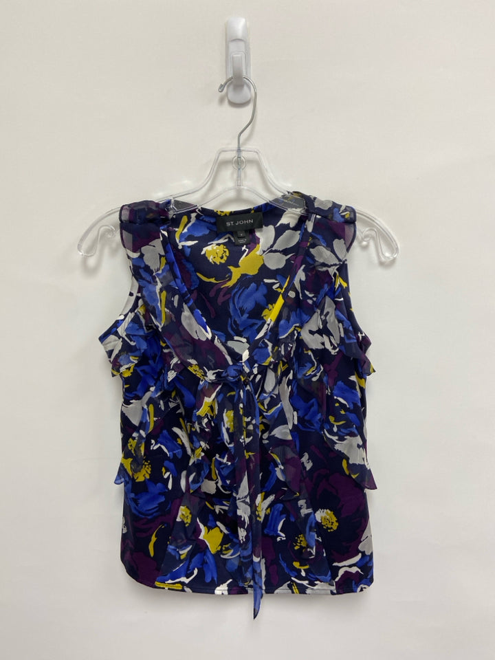 ST. JOHN Size P Navy/Gray Purple/Multi Ruffles Sleeveless Petite Top
