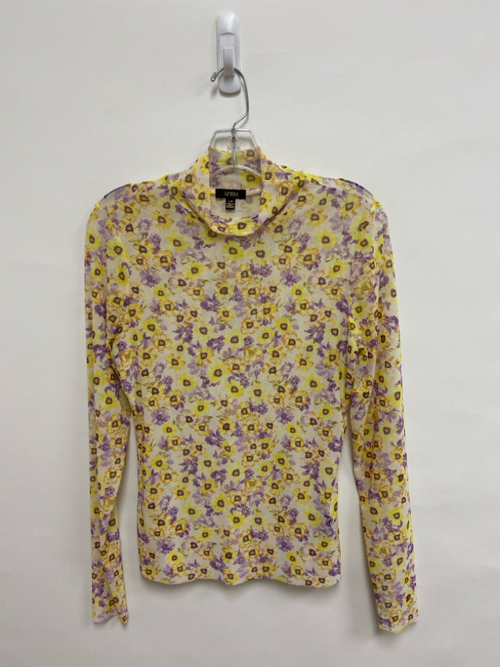 Size L Yellow/Orange Purple Flowers Sheer Ladies Top