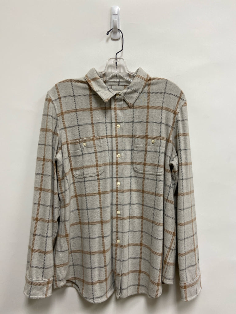 FAHERTY Size L Pale Gray Tan Plaid Ladies Top