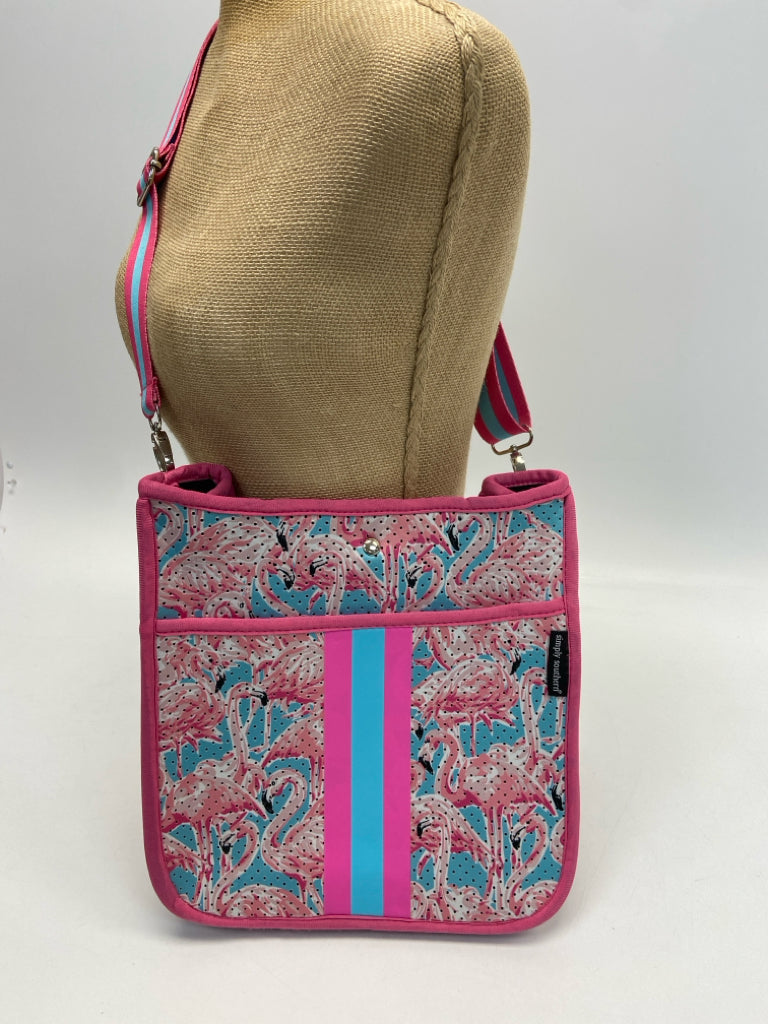 NWT Simply Southern Pink Aqua Flamingo(es) Neoprene Crossbody
