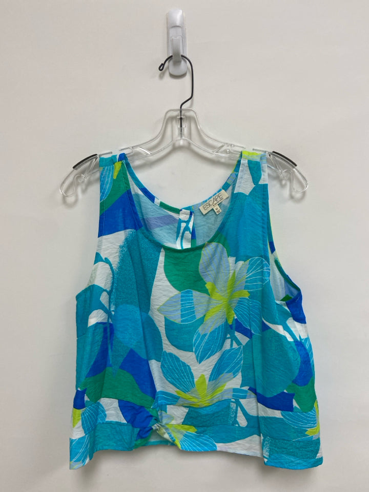 HabitaT Size M Aqua White/Green Flowers Sleeveless Ladies Top