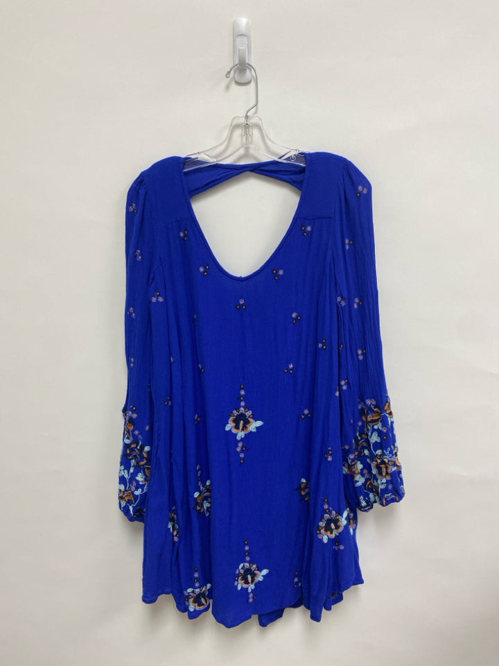 Free People Size S Royal Blue Crinkle V Neck Embroidered Ladies Dress