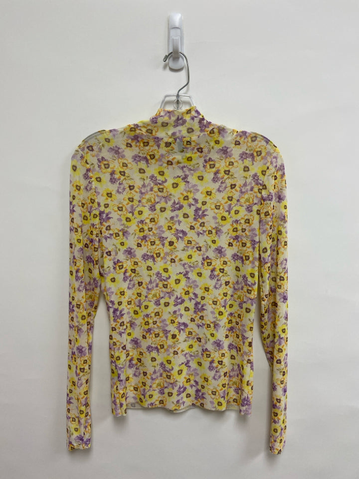 Size L Yellow/Orange Purple Flowers Sheer Ladies Top