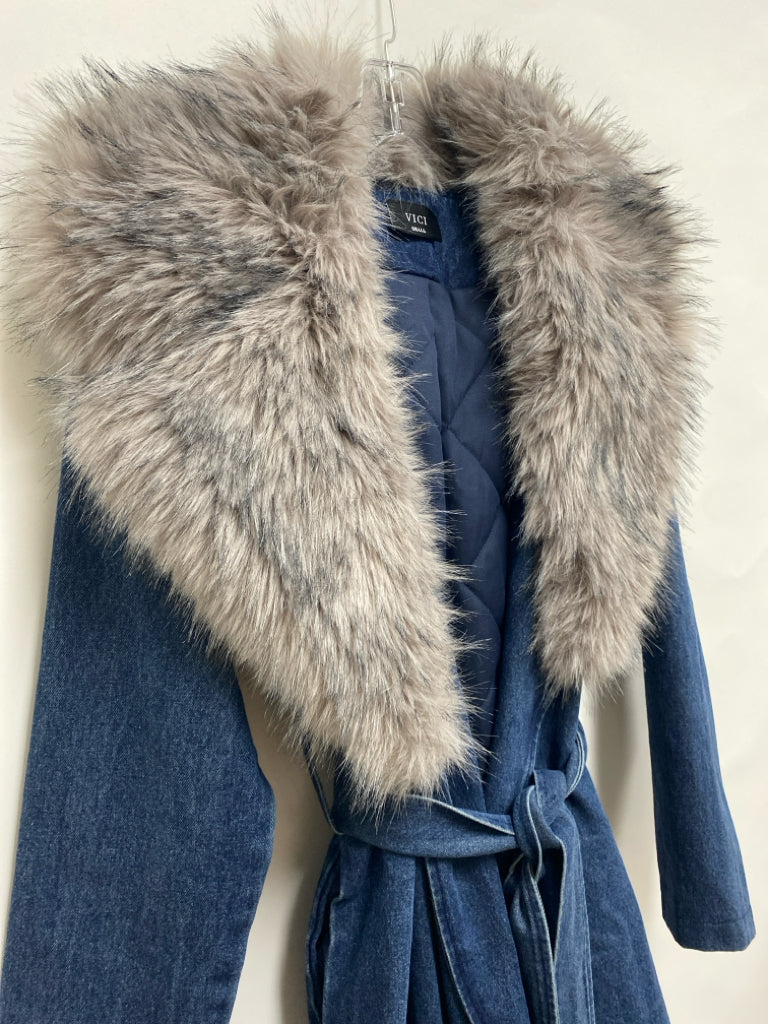 VICI Size S Denim Gray Wrap Faux Fur Collar Ladies Jacket